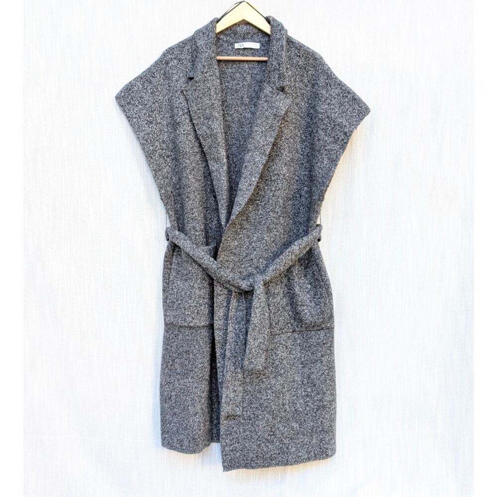 Zara Gray Flecked Knit 100% Wool Short Sleeve Coat Belted Vest, size L - Picture 2 of 8